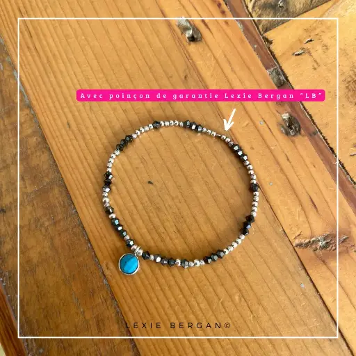[BEPTCBITCSMM] Bracelet Élastique perles Argent 925 et toupies Cristal + breloque imitation Turquoise (Créa s-m Marina)